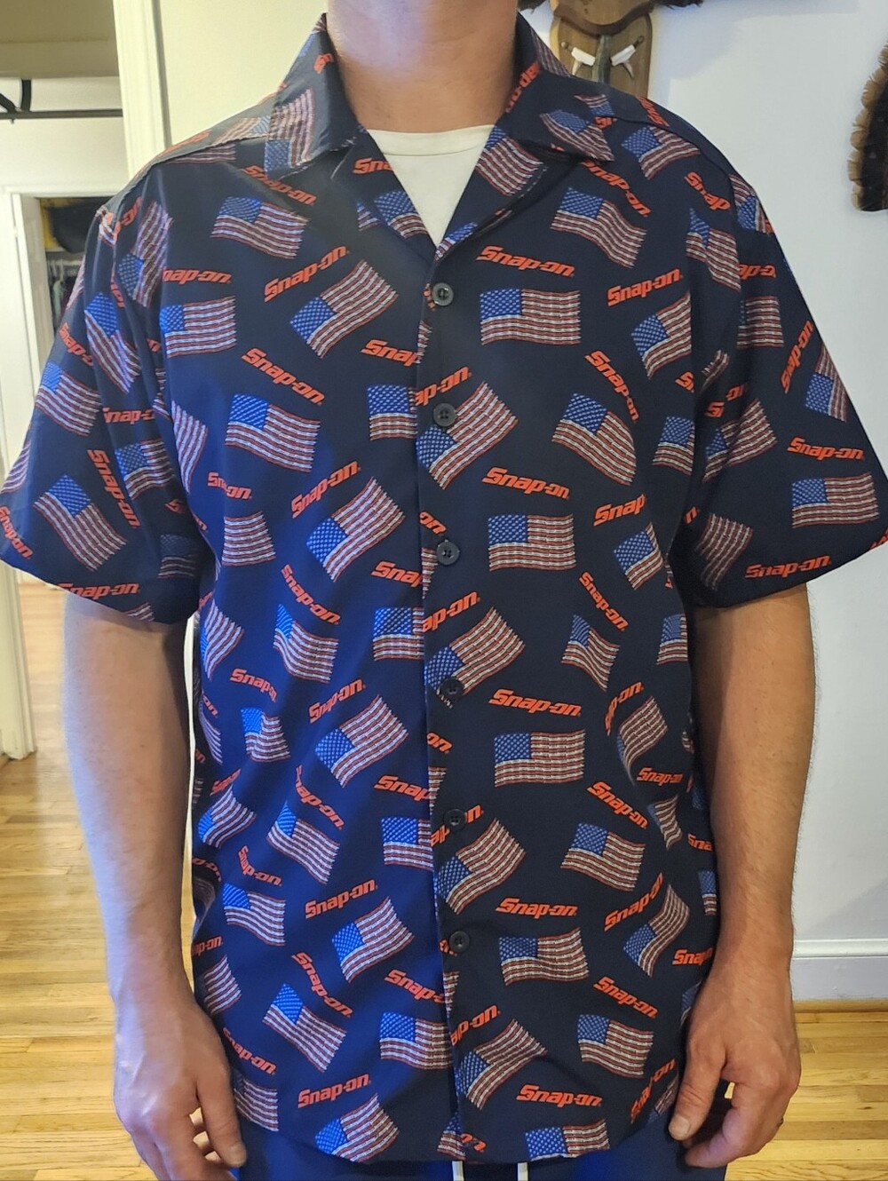 Snap On Short-Sleeve Button Shirt with Red & White Flag Print